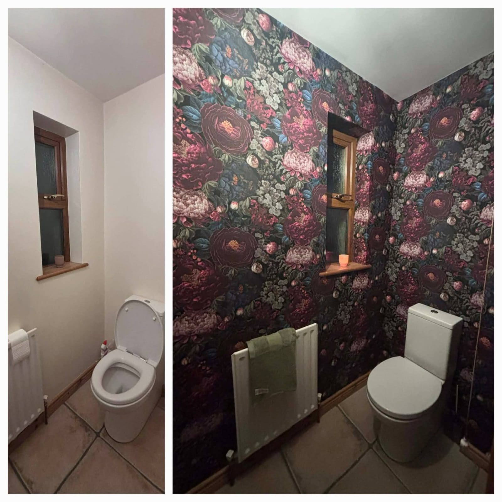 Before and after of a small downstairs toilet. The left photo shows plain cream walls, a wooden window and a white toilet. The right photo shows the same room papered in a dark floral design with large pink and burgundy flowers.