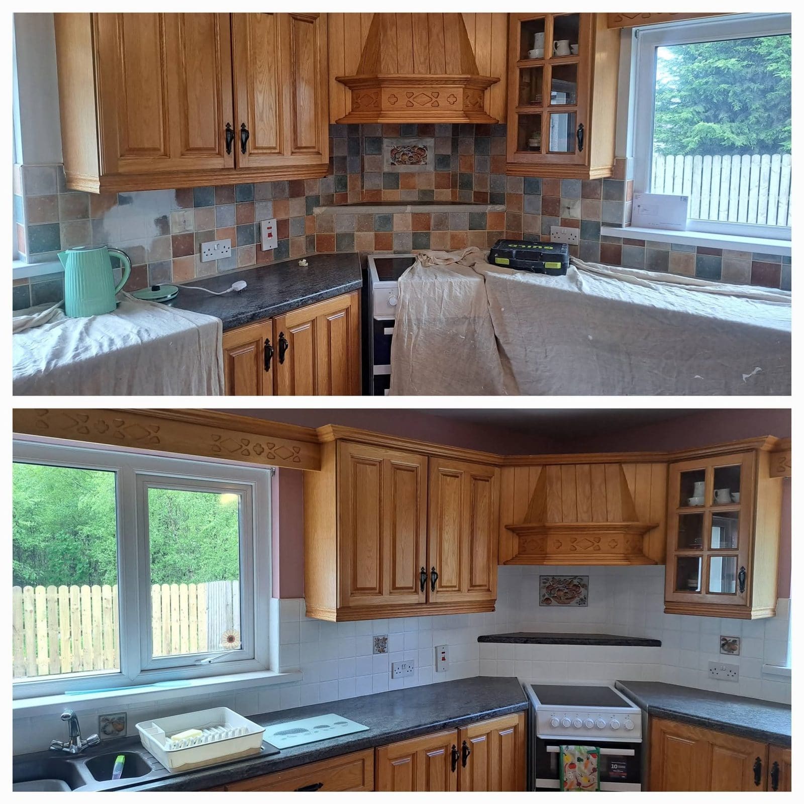 Before and after of a kitchen corner. The upper photo shows oak units, a dark worktop and a multicoloured tile splashback, with dust sheets over the counters. The lower photo shows the same kitchen with the walls painted and a white tiled splashback.