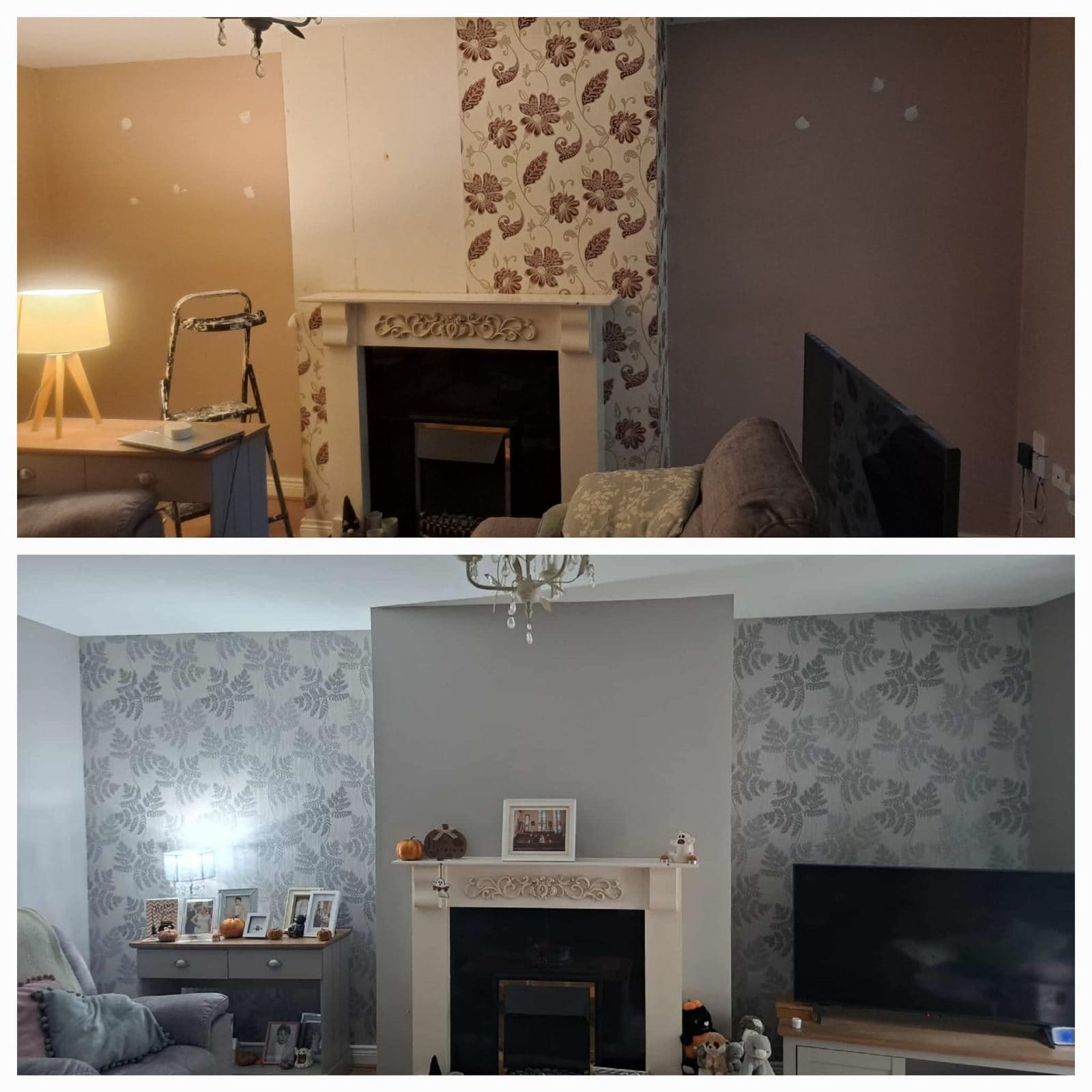 Before and after of a living room with a white fireplace. The top photo shows peach walls with filler spots and a strip of old brown floral wallpaper on the chimney breast. The bottom photo shows fern-pattern wallpaper on both side walls and the chimney breast painted a plain light grey.