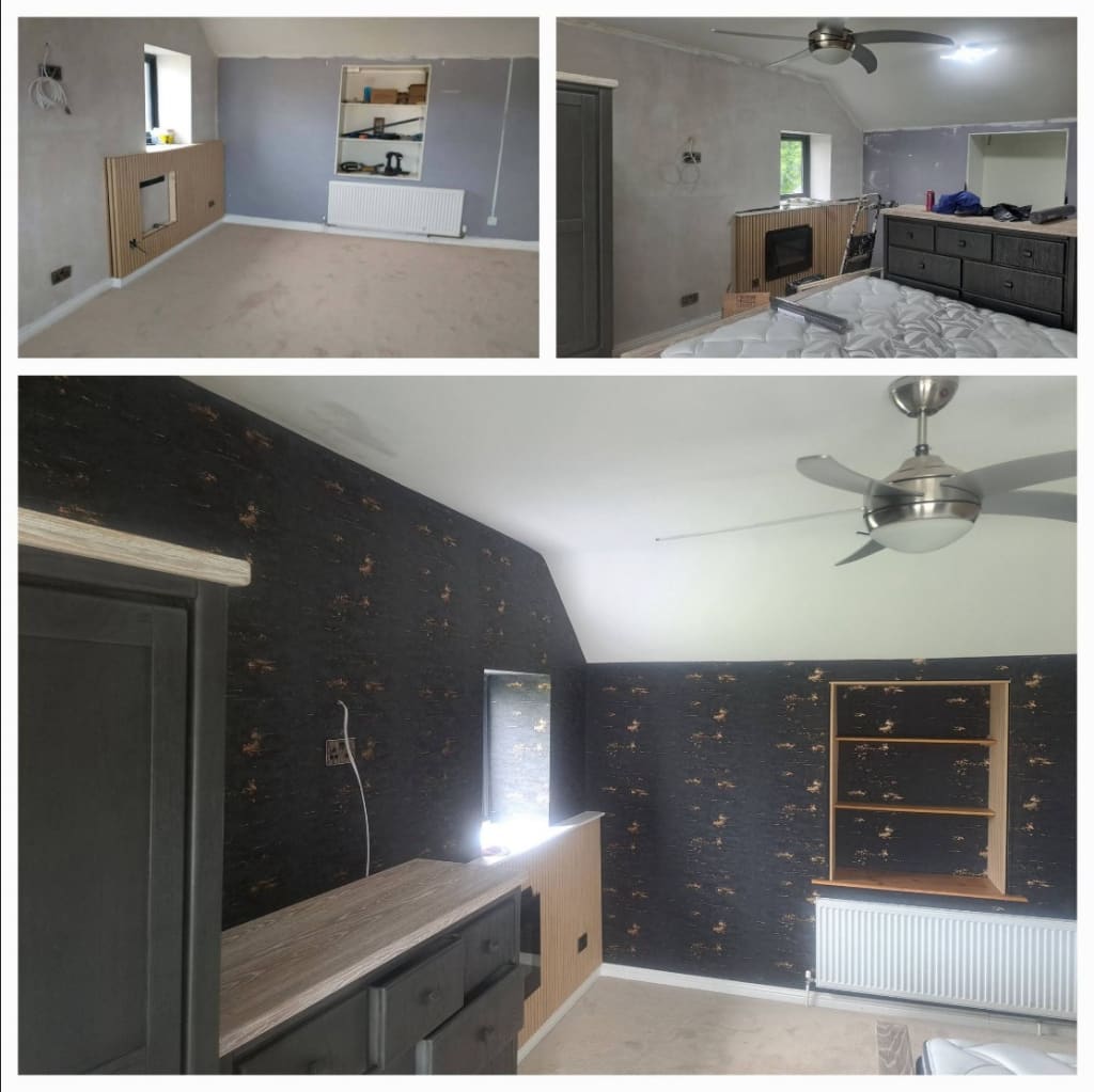 Before and after collage of a loft bedroom. The top photos show grey prepared walls, an oak slat panel around a fireplace opening, and the room mid-decoration. The large lower photo shows black wallpaper with gold markings, a recessed shelf and the slatted panel.