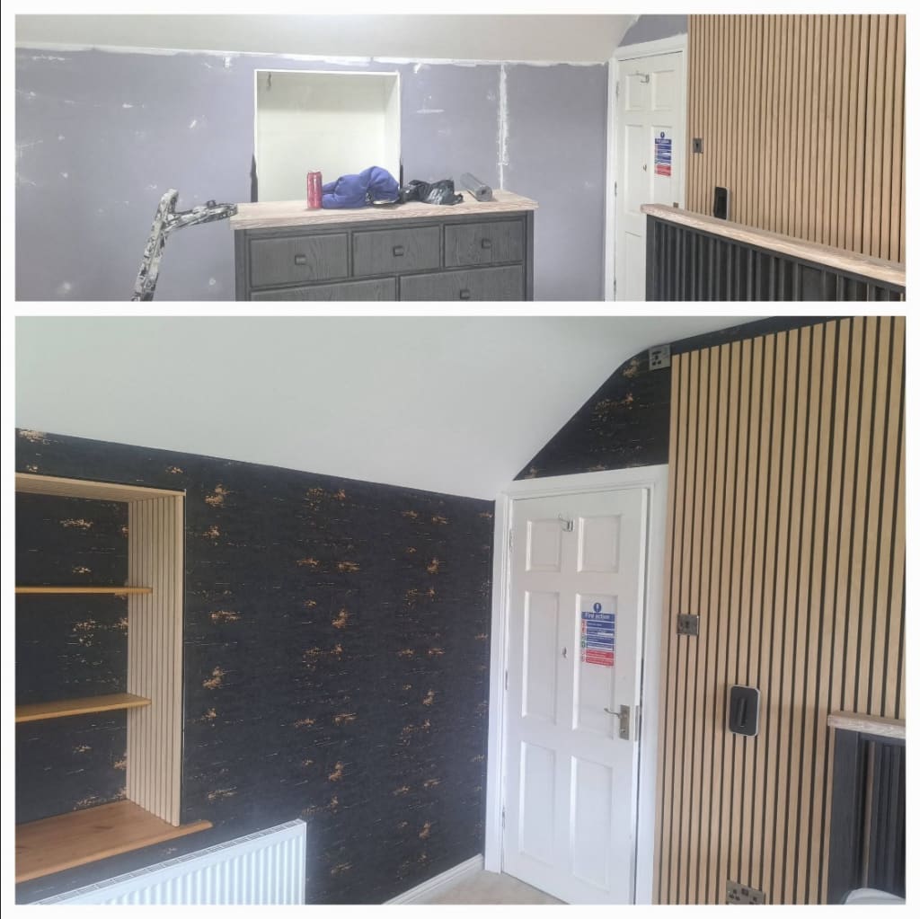 Before and after of a loft bedroom wall. The top photo shows a grey filled wall, a chest of drawers and oak slats fixed on the right. The bottom photo shows black and gold wallpaper, a slatted shelf niche over the radiator, and a full-height oak slat wall beside a white door.